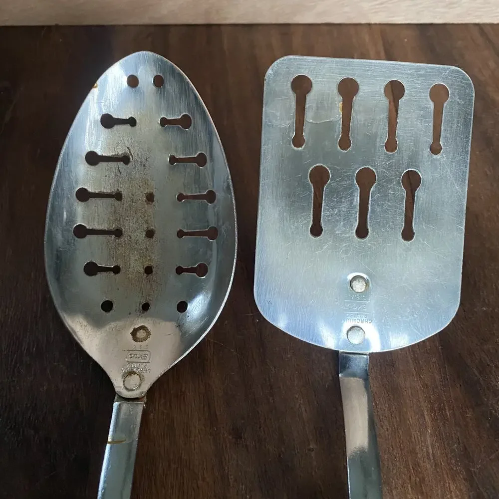 4 Vintage Ekco Chromium Plated Slotted Keyhole Spatula Spoon USA Made *Read*